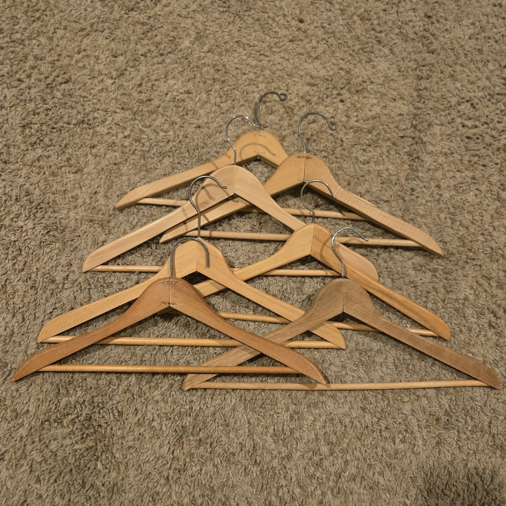 7-Pack Wooden Hangers w/ Pants Bar- Natural Wood Closet Space-Saving